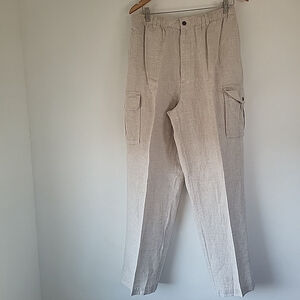 Caribbean Womens 100% Linen Pants 36x32 Beige Pocket Comfy Wide Leg Beach Pant